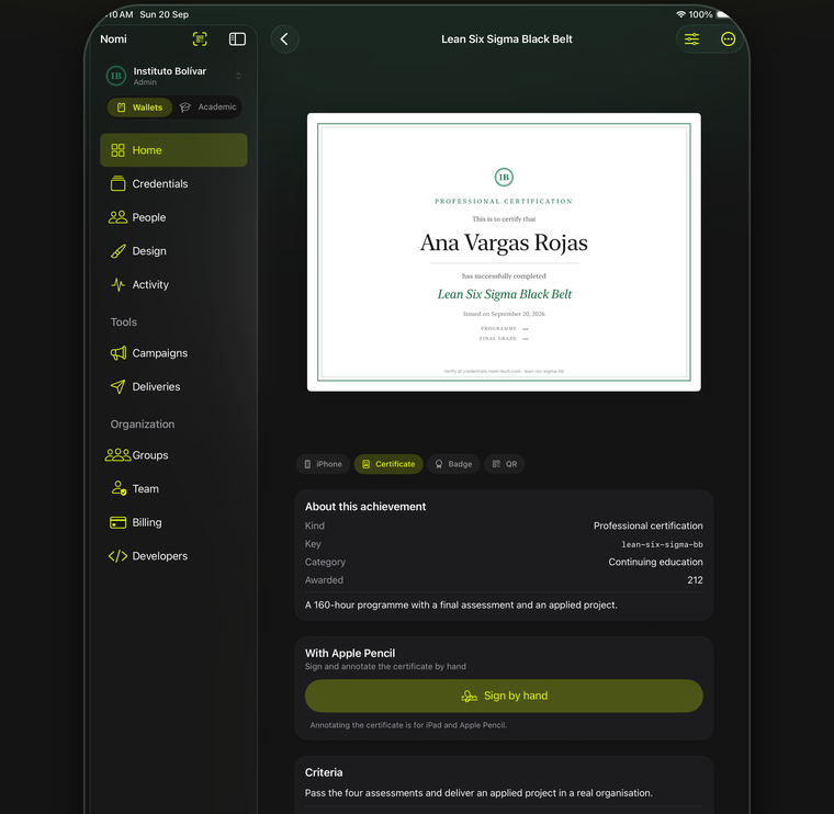 On an iPad: a diploma with its criteria, its level and the signature of whoever awarded it.